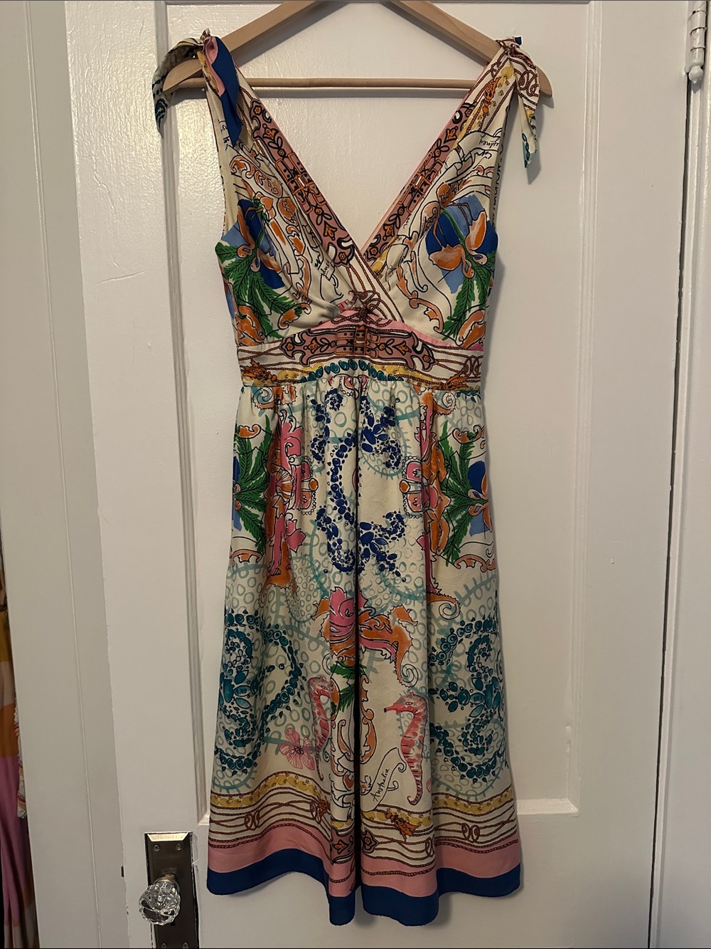 Collette Dinnigan Tie-Shoulder Midi Dress in Cream with Multicolor Print